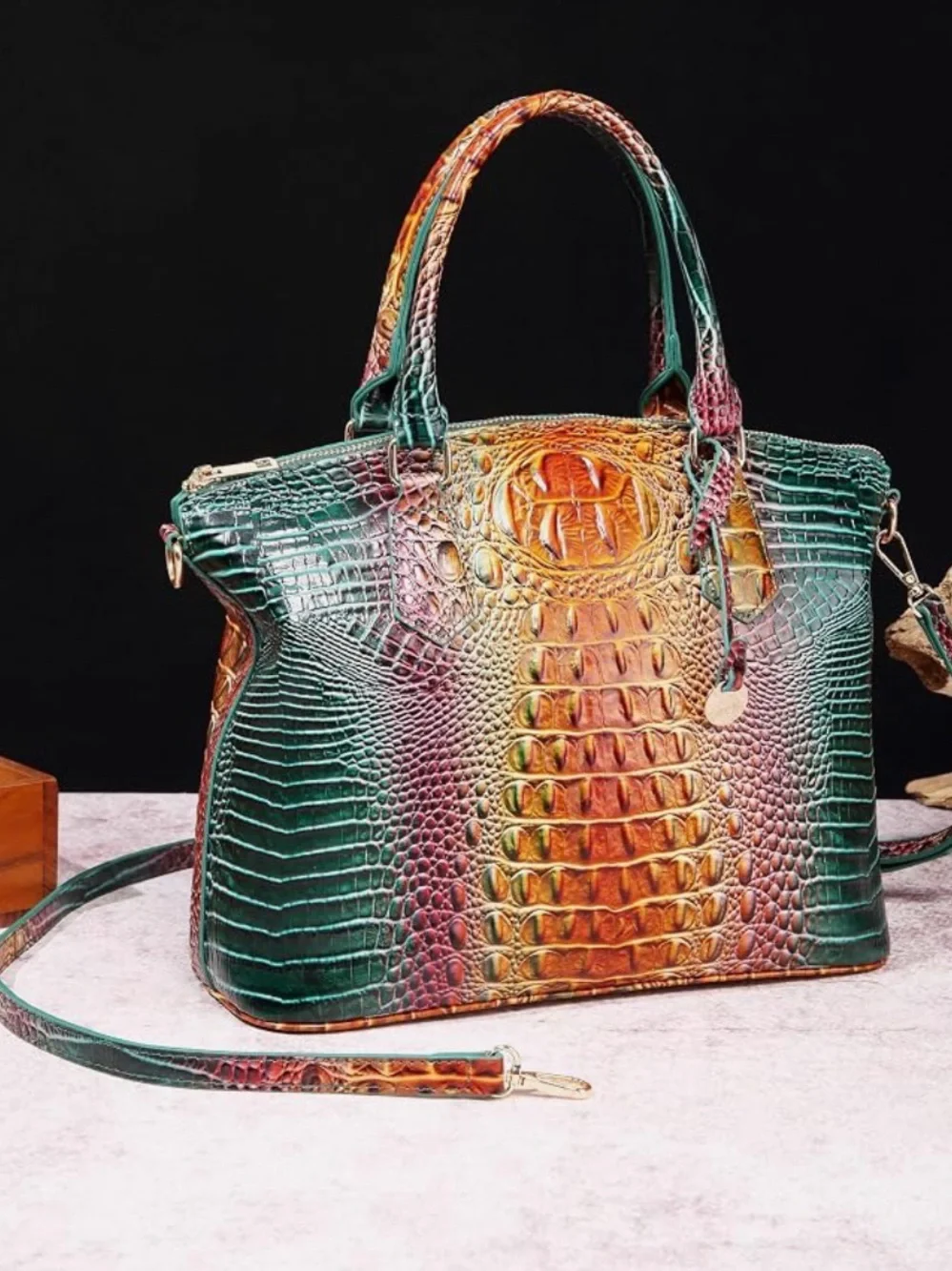Multicolor Embossed Vegan Leather Croc Tote Bag Blue- Green/Bronze Peacock